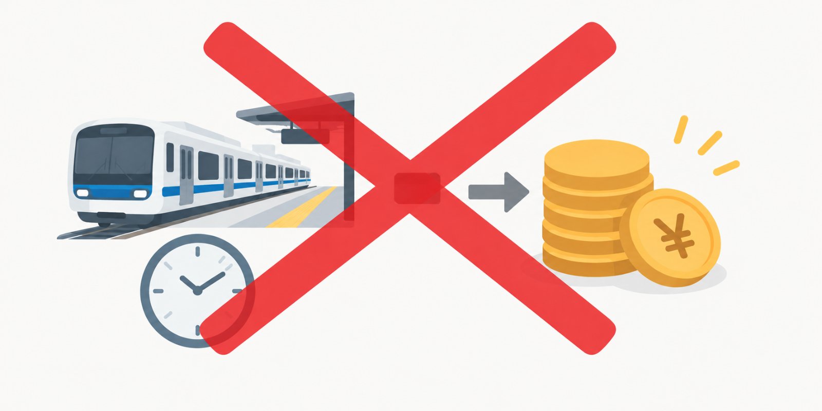 電車移動にかかる時間や交通費のコストをかけないことを表すイラスト。駅に止まる電車と時計からお金（円コイン）へ向かう矢印に、大きな赤い×印が重ねられている。