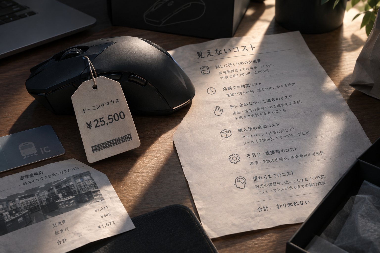 本体価格25,500円のゲーミングマウスと、試用交通費や適合リスクなど購入時に発生する「見えないコスト」の解説メモ